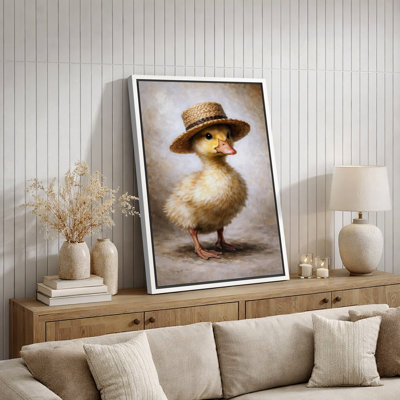 Mignon petit canard portant un portrait de chapeau de paille, image de chambre de bébé, impression sur toile encadrée