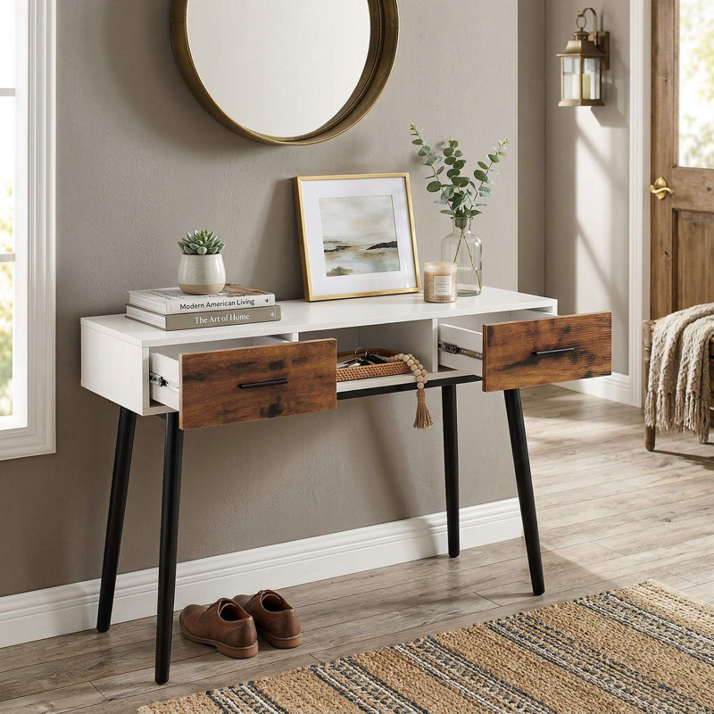 Console 42 pouces robuste de style industriel avec 2 tiroirs de rangement pour le couloir du salon