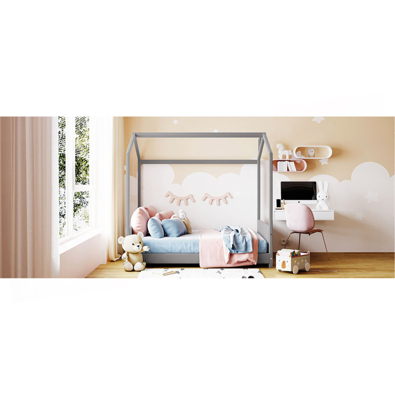 Lit double en bois de velours, gris, Gris, Full