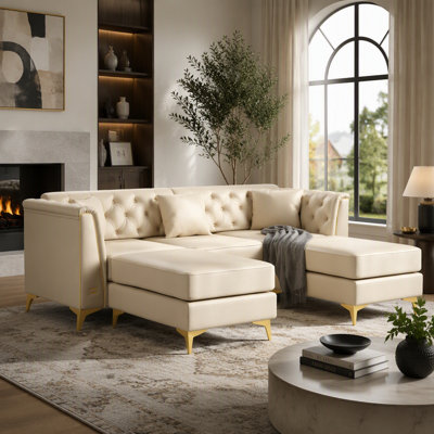 Canapé Chesterfield modulaire de 81,5 pouces à 3 places avec revêtement en similicuir, capitonné à la main, accoudoirs garnis de métal et pieds en métal minces, comprenant 3 coussins, pour le salon et l’appartement