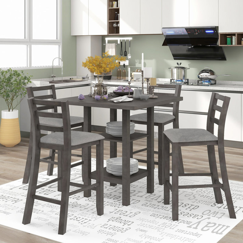 Ensemble de salle à manger 5 pièces à hauteur de comptoir en bois avec chaises rembourrées et étagères de rangement, Gris