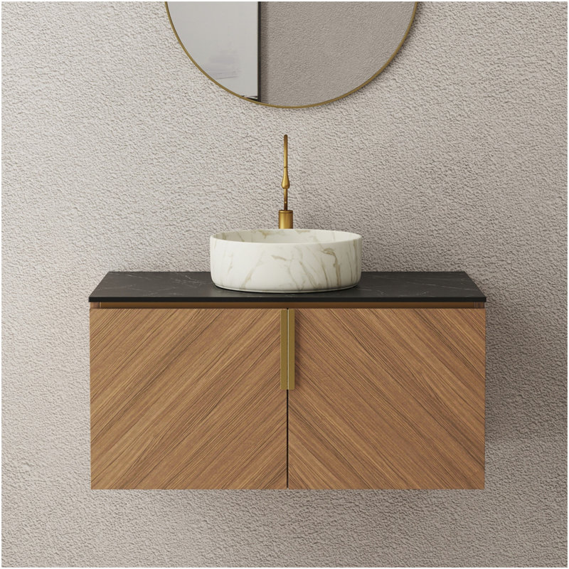 36" Bathroom Vanity&Sink, Floating Plywood Bathroom Storage Cabinet With 2 Doors, Black Sintered Stone Countertop&White Round Ceramic Basin With Stone Pattern, Brown Oak Woodgrain Color (New SKU)