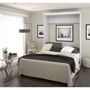 Pemberly Row Queen Size Wall Bed in White Wood - Easy Assembly