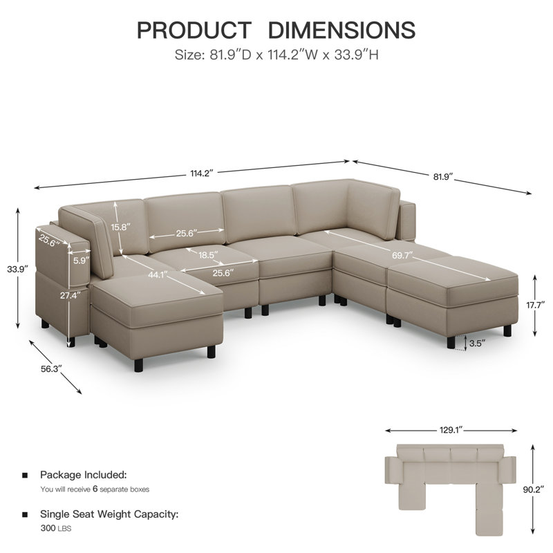 Canapé modulaire en U avec méridienne et repose-pieds, Velours gris velours