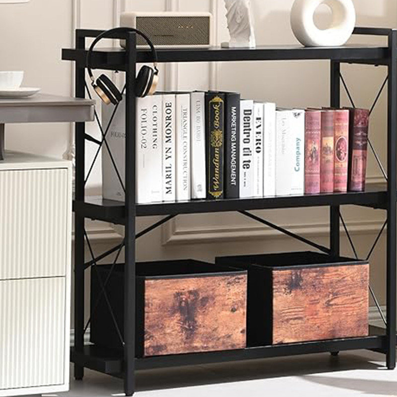 Black 3-Tier Adjustable Industrial Bookcase with Metal Frame