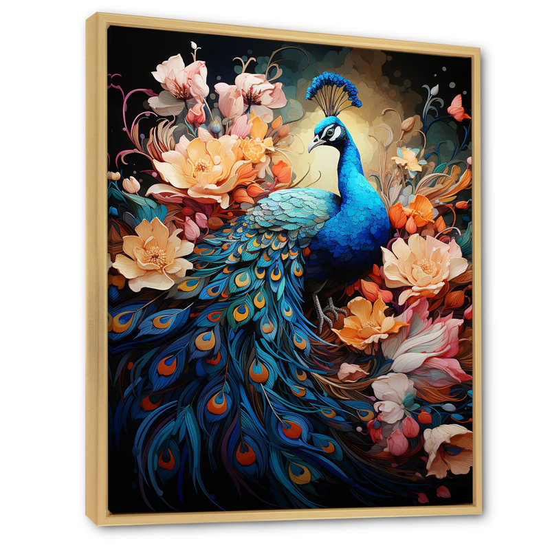 «Majestic Flowerful Peacocks Harmony I» sur toile, Cadre flottant naturel, H 20 po x l 12 po x P 1 po