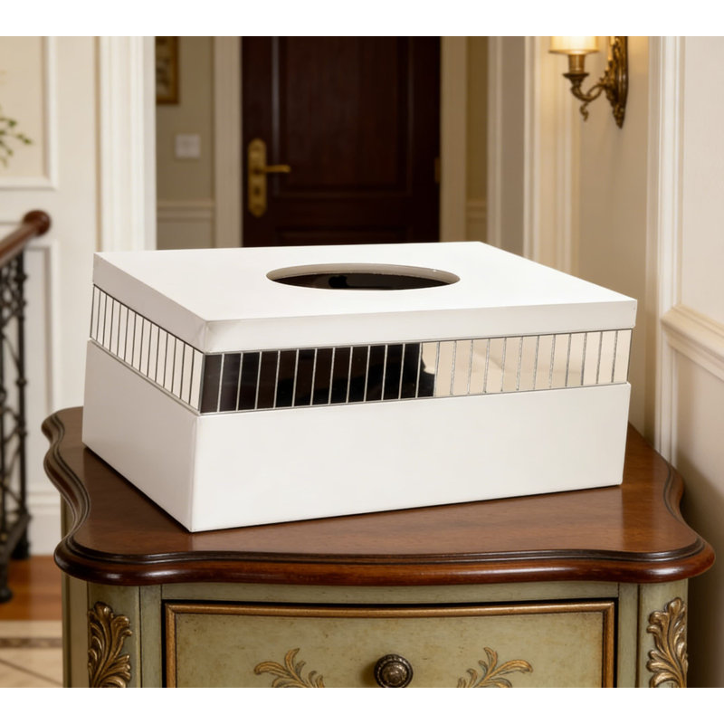 Couvercle de boîte à mouchoirs rectangulaire matelassé avec glissière inférieure - Porte-papier hygiénique décoratif blanc avec accents argentés