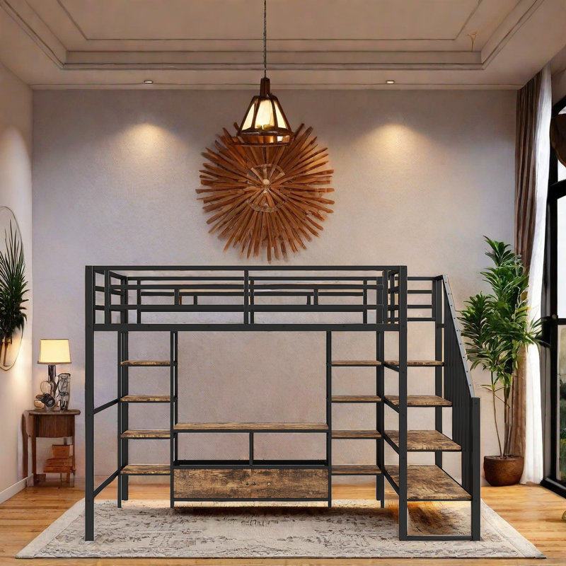 Lit mezzanine double avec table de rangement basse, structure en métal robuste, 2 tablettes à 4 niveaux et rangement en filet, conception multifonctionnelle peu encombrante avec garde-corps de sécurité