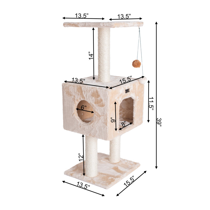 Beige Faux Fur and Sisal Freestanding Cat Tree with Condo