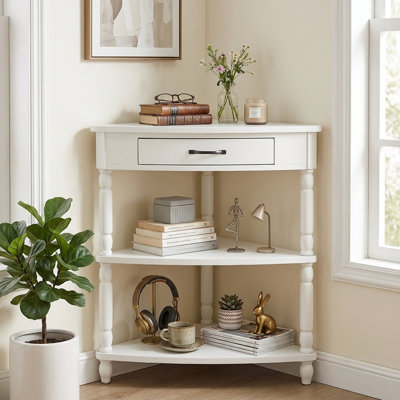 34" Wide Corner Accent Cabinet with Drawer and 3-Tier Shelving Modern Corner Table for Small Spaces,White
