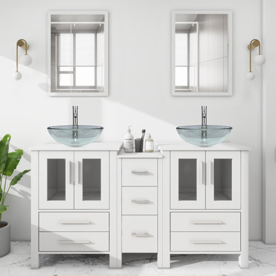 60'' Double Bathroom Vanity with Vessel Sink, Manufactured Wood Top, Faucet (Set of 5)