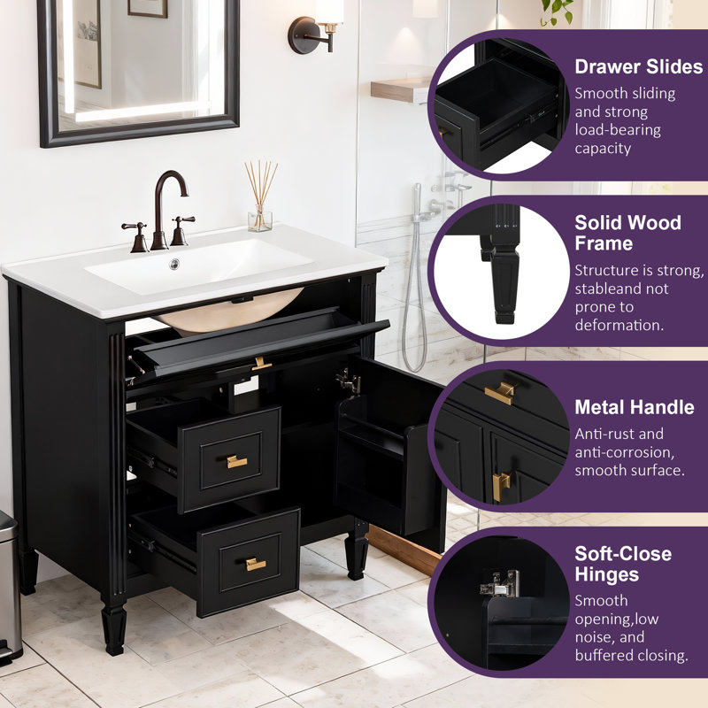 30-Inch Bathroom Vanity With Ceramic Sink,Solid Wood & Mdf Cabinet,Featuring 1 Flip Drawer,2 Drawers, Black