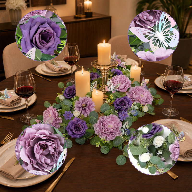 Guirlande en eucalyptus artificiel avec roses mauves et papillons 3D, paquet de 2 vignes en soie artificielle, décoration de voûte de mariage de 5,9 pi