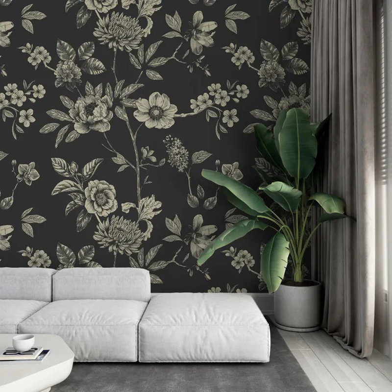 Nocturne Botanica - Floral rétro sur toile gris anthracite, L 96 po x l 108 po