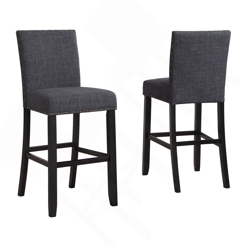 Tabourets de bar en tissu avec garniture cloutée, ensemble de 2, Gris