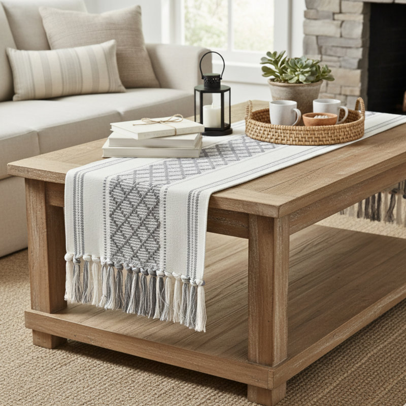 Chemin de table Boho, 90 po x 14 po, Gris