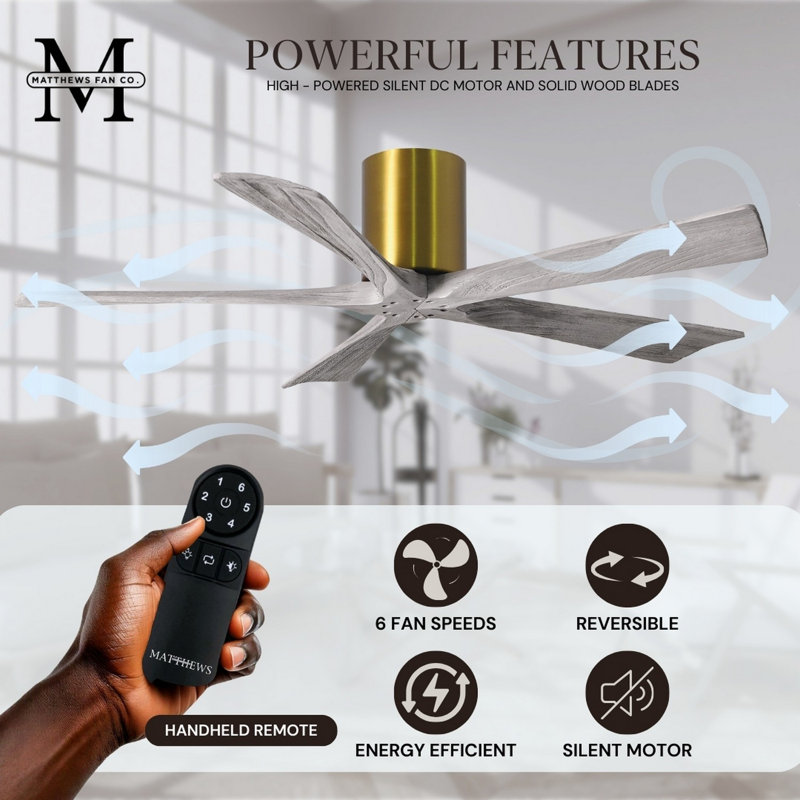 60" Irene 5-Blade Hugger Ceiling Fan with Wall Remote, Brushed Brass, Barn Wood Tone, 42"