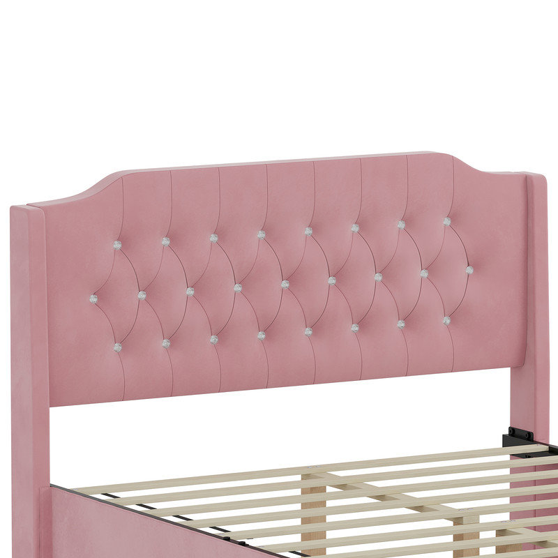 Structure de lit tapissier grand de luxe avec rangement à oreilles et rangement sous le lit, Rose