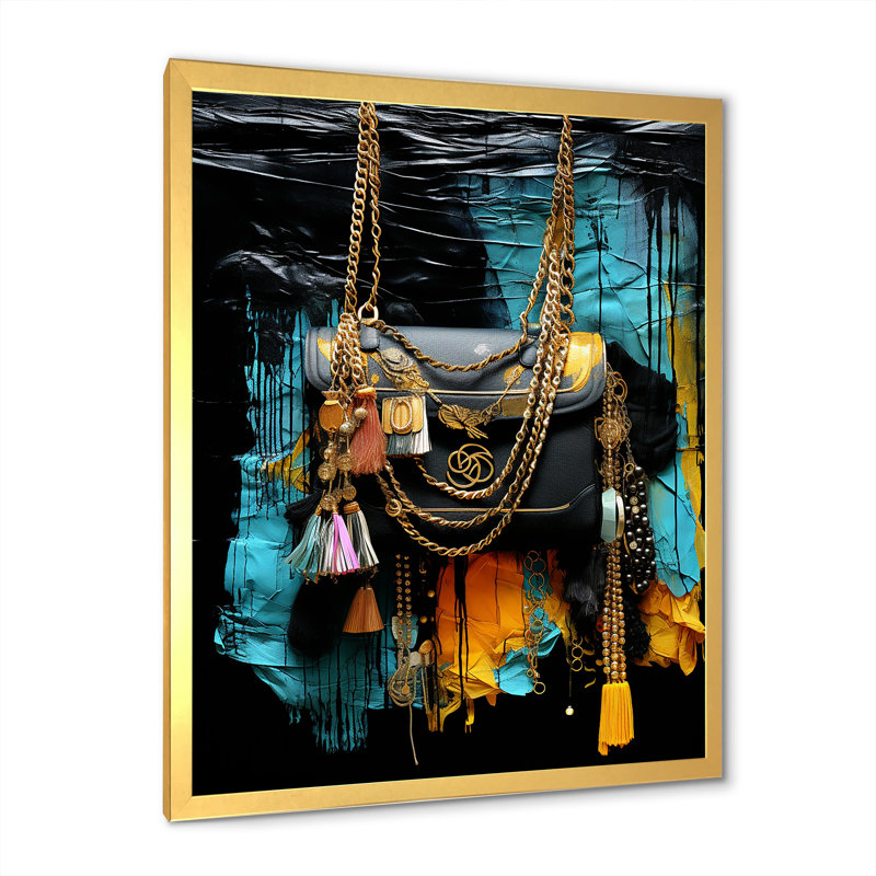 Sac à main bleu et noir Elegance, Cadre doré simple, H 32 po x l 24 po x P 1 po
