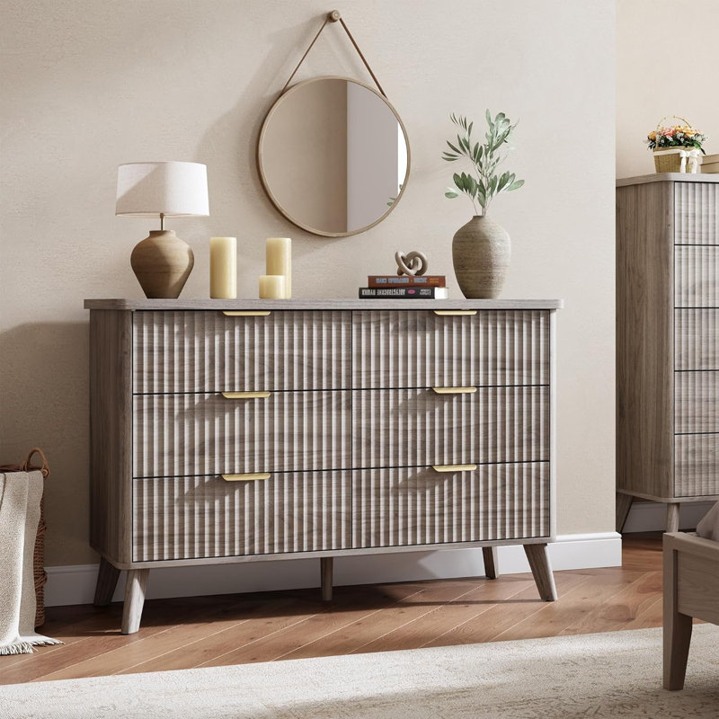 6 Drawer Dresser for Bedroom, 47.2" Wide with Fluted Wood Drawers, Gold Handle Design, Modern Chest for Living Room and Bedroom Storage, Gray