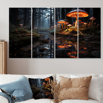«Muschroom Dreamscape Forest III - Fantasy», art mural sur toile 4 pièces