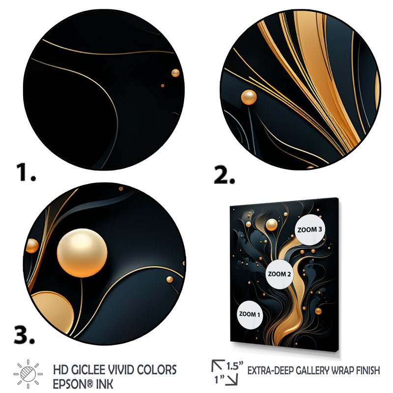 «Black and Gold Golden Minimalistic Line Art I», reproduction d'art murale abstraite, Cadre flottant noir, H 40 po x l 30 po