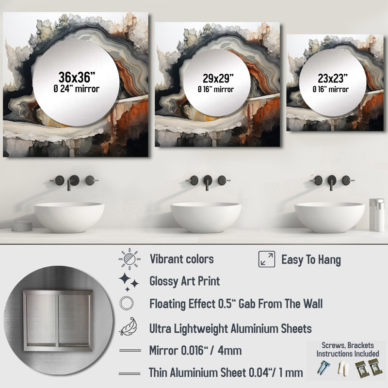 Delainy - Art mural miroir en pierre géode carrée pour salle de bain, 23 po x 23 po