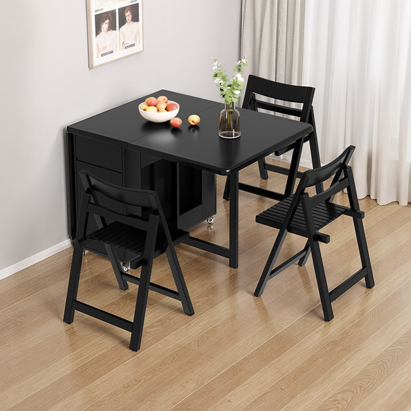 Folding Dining Table in Black Solid Wood, Mobile Table with Casters and 2 Storage Drawers, Compact Foldaway Design（Without Chairs） Fast Dispatch From UK Warehouse – Dispatched Within 2 Days