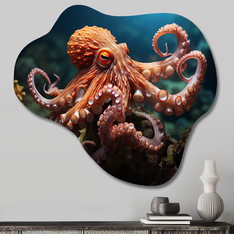 Corail Octopus Serene submersion II - art mural asymétrique en métal corail, impression d'art moderne nuage en métal