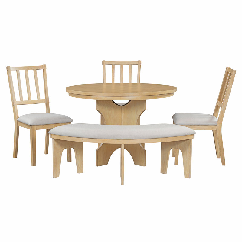 Modern Zanera 5-Piece Dining Table Set, 44" Round Dining Table with Curved Bench & Side Chairs,kitchen table set,dining table set,dining room set