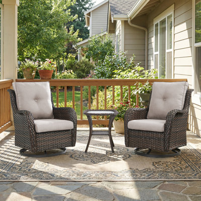 Outdoor Swivel Rocker Chairs, 3 Piece Wicker Patio Set with Thickened Cushions, High Back, Deep Seating, Wide Armrest, Outdoor Swivel Chairs for Porch, Deck