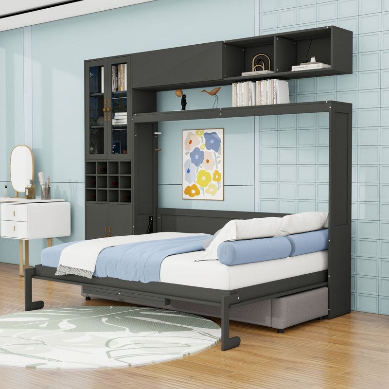 Lit escamotable avec canapé Murphy, tablettes, ports USB et lumières, conception multifonctionnelle, Gris, Double