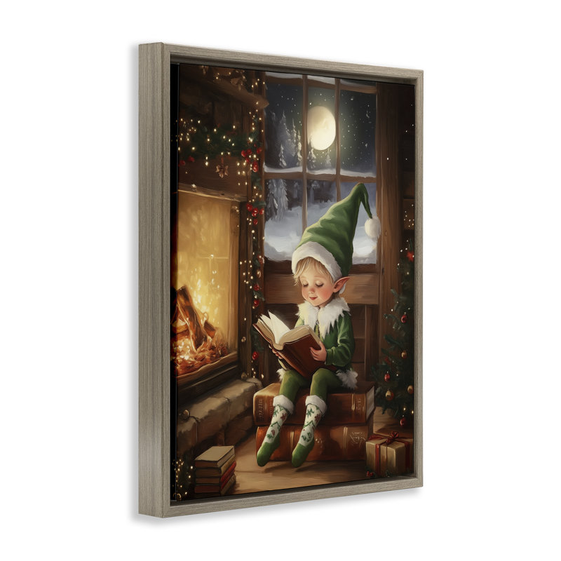 «Reading Elf» par Fireplace Floating Frame, conception par Arlington Prints, Cadre flottant orme Montalcino