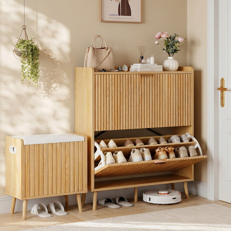16 Pair Shoe Storage Cabinet With 2 Flip Drawers And Storage Bench For Entryway