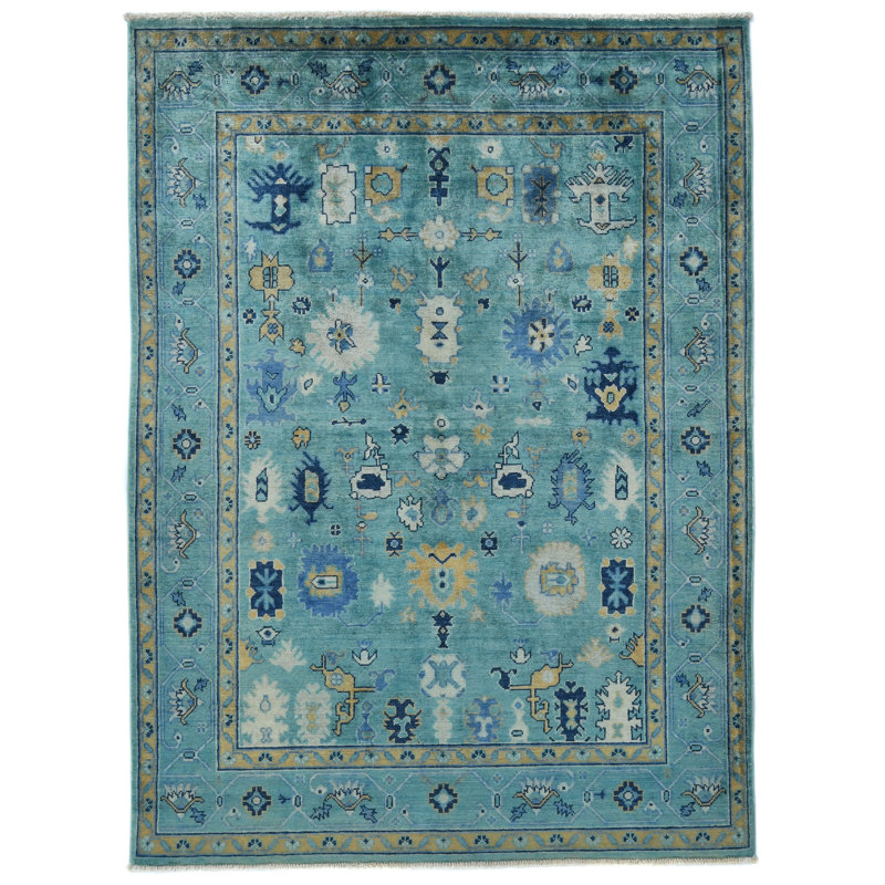 Tapis oriental bleu unique 5 x 7 de conception unique