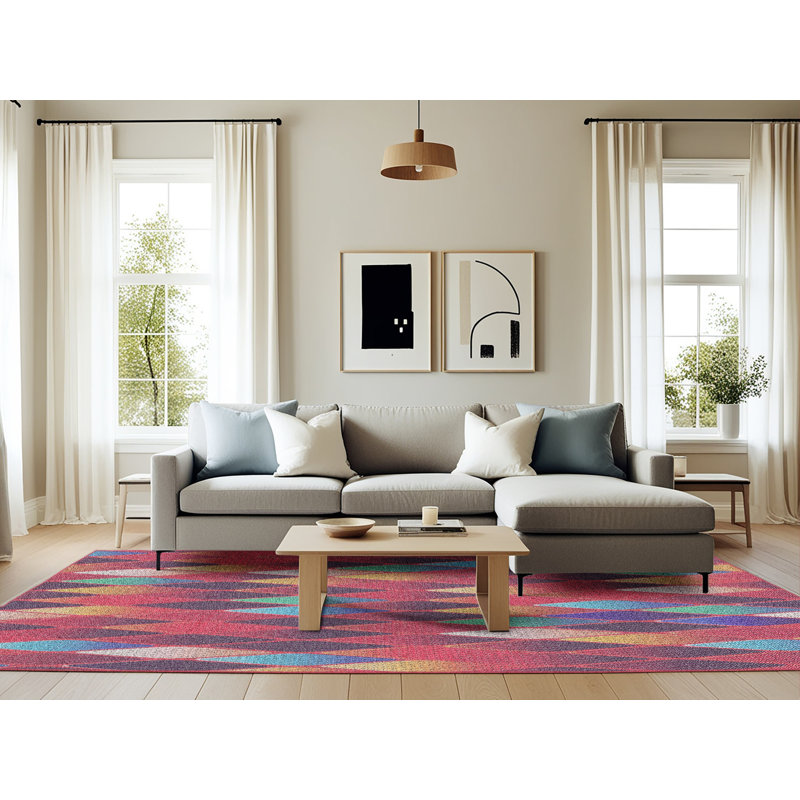 Tapis jaune/bleu/orange à motifs, Rectangle 6 pi x 9 pi