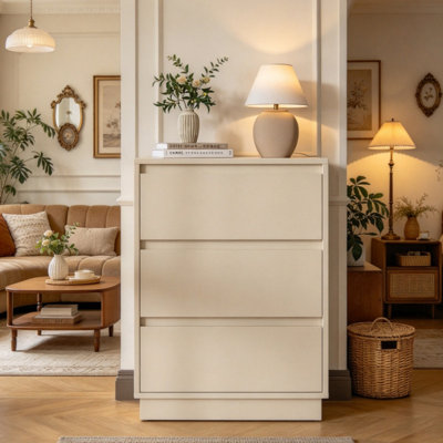 Grande commode à 3 tiroirs en bois beige, table de chevet large moderne avec système coulissant dissimulé, commode à usages multiples pour la chambre à coucher, le salon et le rangement du vestibule