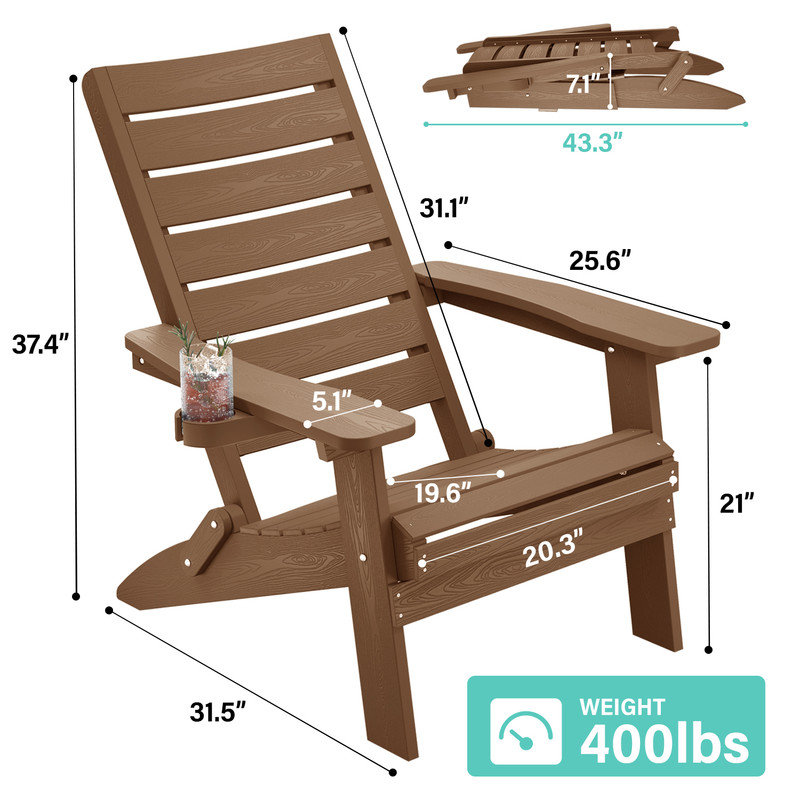 Outdoor Folding Adirondack Chair All Weather HIPS Oversized Fire Pit Chair with Cup Holder Plastic Adirondack Chair for Patio, Garden, Lawn, Pool, Teak