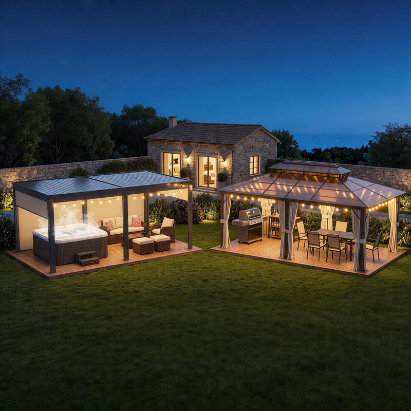  EROMMY 18 ft. W x 12 ft. D Hardtop Aluminum Gazebo, Permanent Pavilion with Curtains and Netting, Outdoor Double Roof Canopy, Designed for Garden, Lawns, Patio