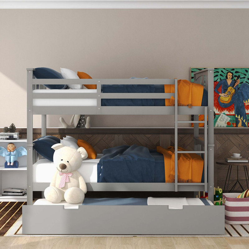 Lit double superposé au dessus d'un lit double avec gigogne simple et échelle, gris