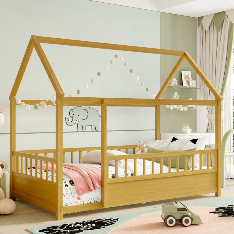 Twin Size Floor Wooden Bed With House Roof Frame, Fence Guardrails,(Twin,Natural), Twin