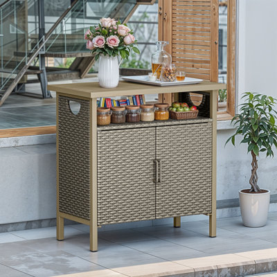 Outdoor PE Rattan Storage Cabinet – Weather-Resistant Wicker Bar Table with Double Doors