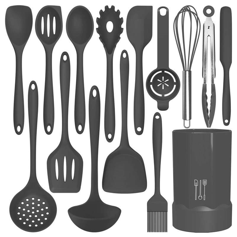 Ensemble de 15 ustensiles de cuisine en silicone, ensemble d'ustensiles de cuisine, gris