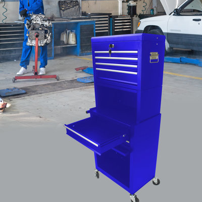 6 boîtes à outils amovibles avec serrure et roulettes, capacité de tiroir de 15 kg, armoire bleue pour garage avec atelier à panneaux suspendus