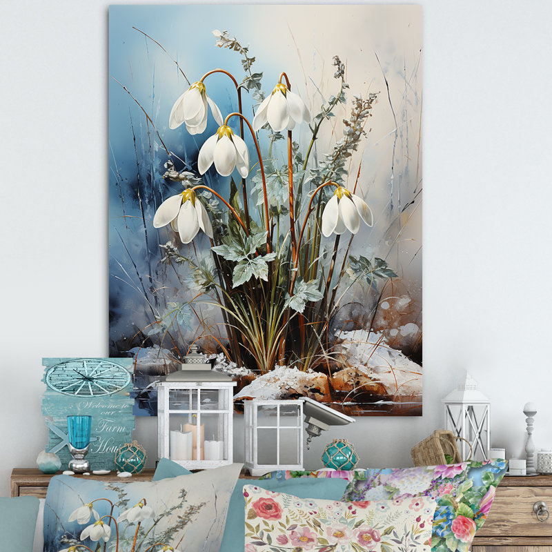 Snowdrops dans des teintes bleues, H 32 po x l 16 po x P 1 po, Toile tendue
