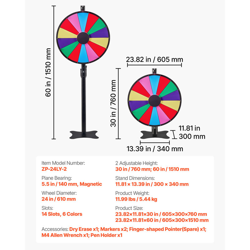 Roue de 24 pouces, 14 roues pivotantes avec support, roulette Win Fortune à hauteur réglable avec 2 marqueurs, 6 couleurs, assemblage facile, pour le Carnaval de la fête