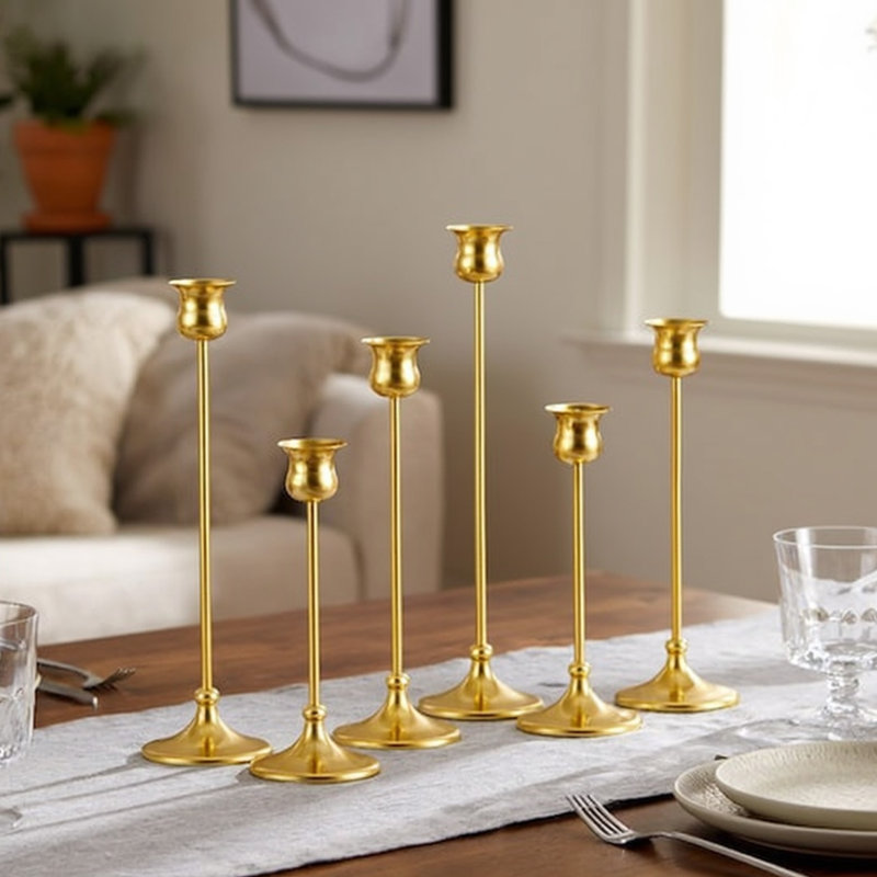 Ensemble de 6 porte-bougies en métal, chandeliers en or rétro pour table de salle à manger, manteau de cheminée, mariage et décoration des Fêtes