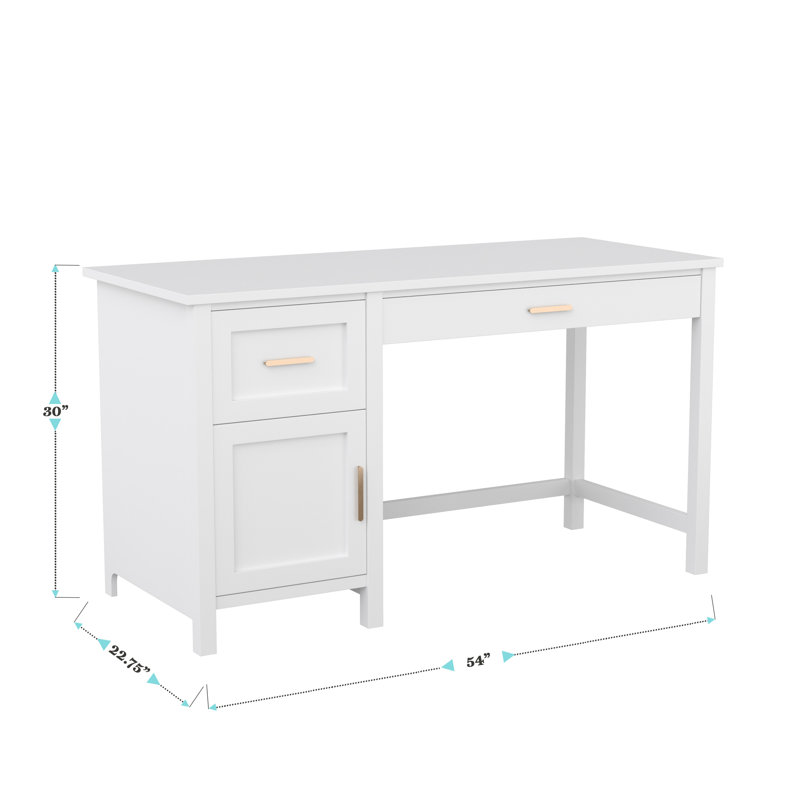 White Wood Home Office Desk with Brass Hardware and Storage