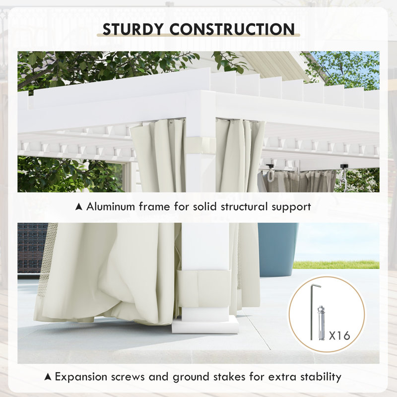 White Aluminum Outdoor Pergola with Adjustable Canopy and Curtains