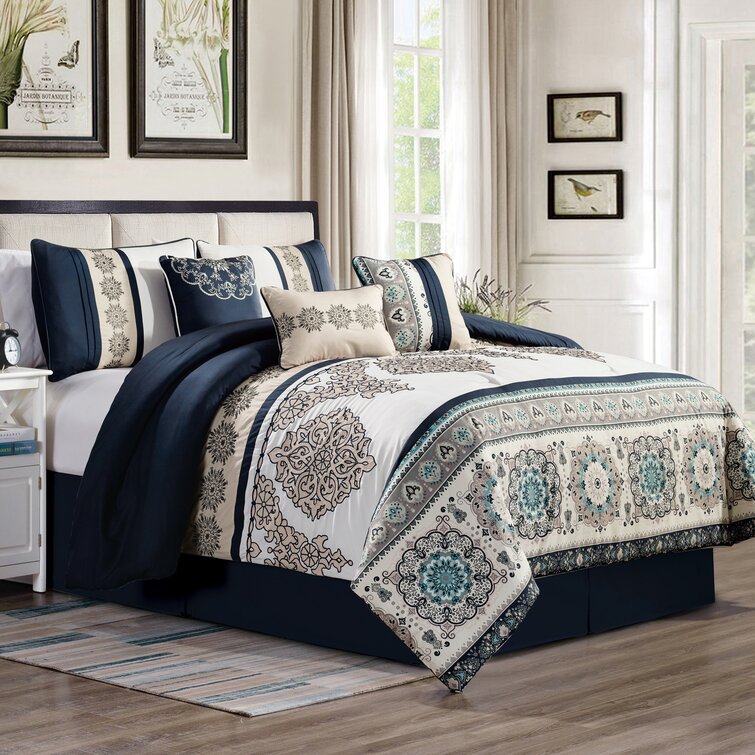 Navy Blue Gray Embroidered Floral 14 pc Comforter Set Full Queen